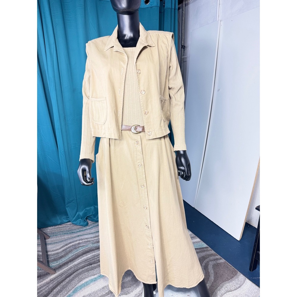 Stuart Alan Vintage 2 Piece Dress Set w/Vest Button Front Tan Maxi Dress Size 14